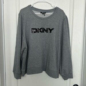 DKNY Womens Pullover Sweatshirt Shirt Gray w/ Black Sequins Logo Size- 2x